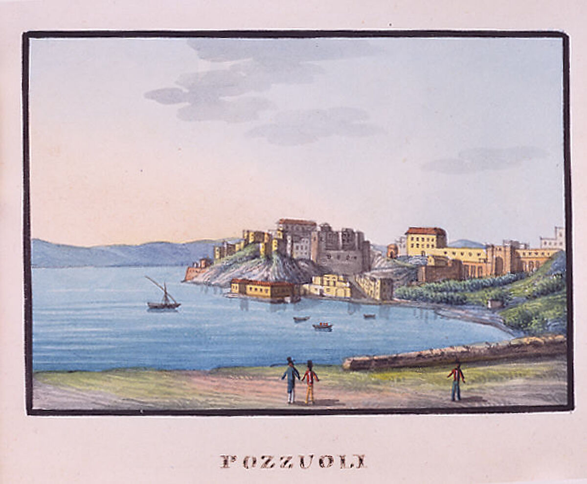 Sketchbook: Souvenir of Naples, Unknown Artist (Italian, 19th century), Sketchbook with faded calfskin binding, pink endpapers and 56 views of Naples arranged two a page on 28 facing pages: pages 1-24 in watercolor over graphite, pages 25-28 in gouache., Italian, Naples