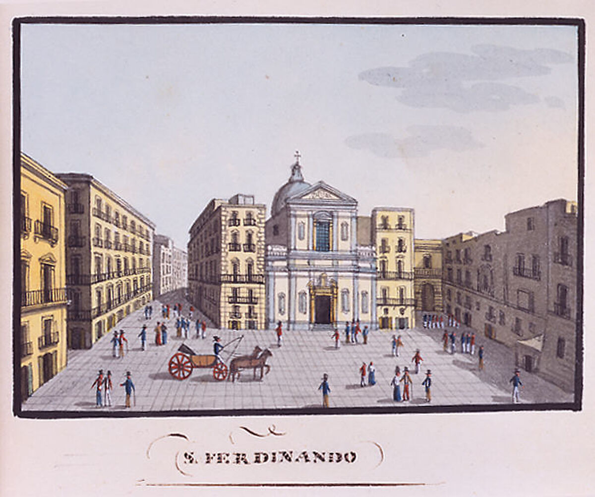 Sketchbook: Souvenir of Naples, Unknown Artist (Italian, 19th century), Sketchbook with faded calfskin binding, pink endpapers and 56 views of Naples arranged two a page on 28 facing pages: pages 1-24 in watercolor over graphite, pages 25-28 in gouache., Italian, Naples