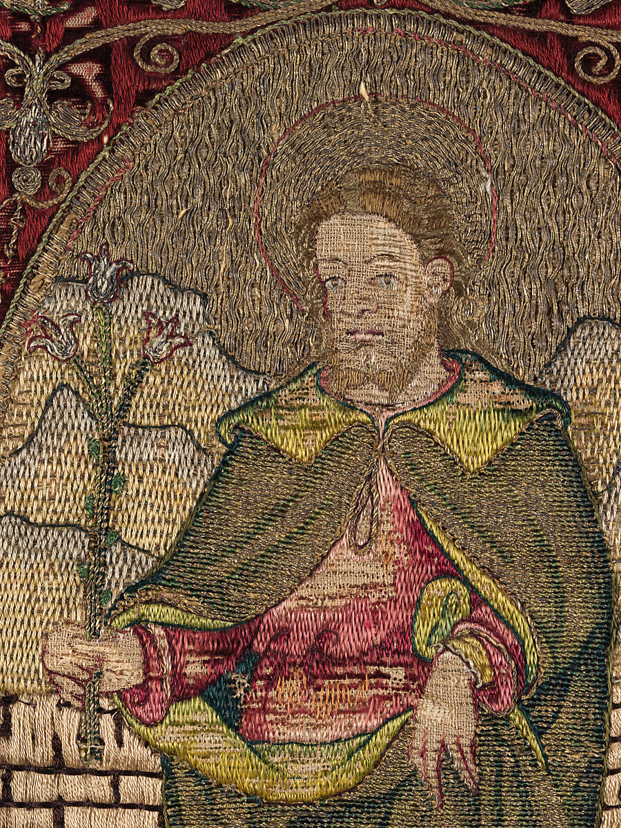 Orphrey section made into cushion, silk, linen, metal, Italian or Spanish