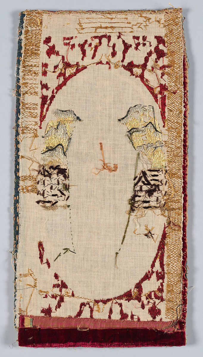 Orphrey section made into cushion, silk, linen, metal, Italian or Spanish