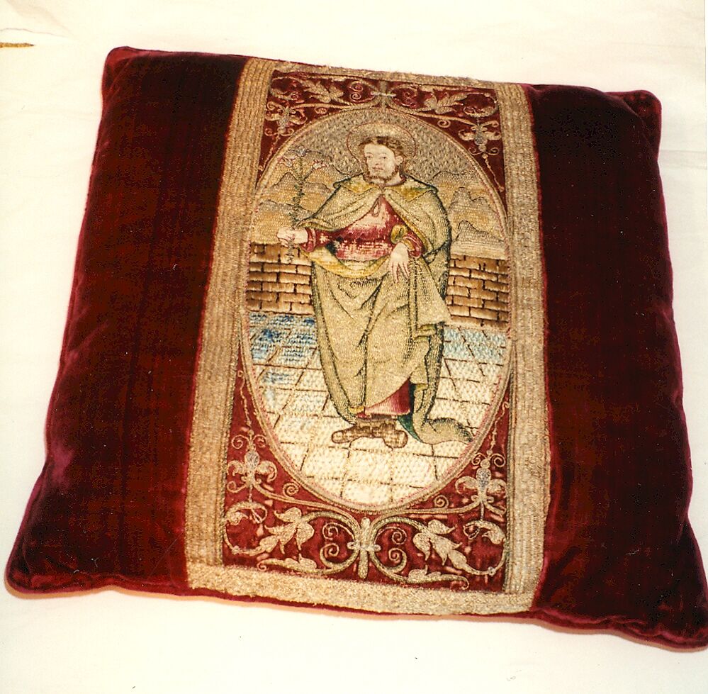 Orphrey section made into cushion, silk, linen, metal, Italian or Spanish