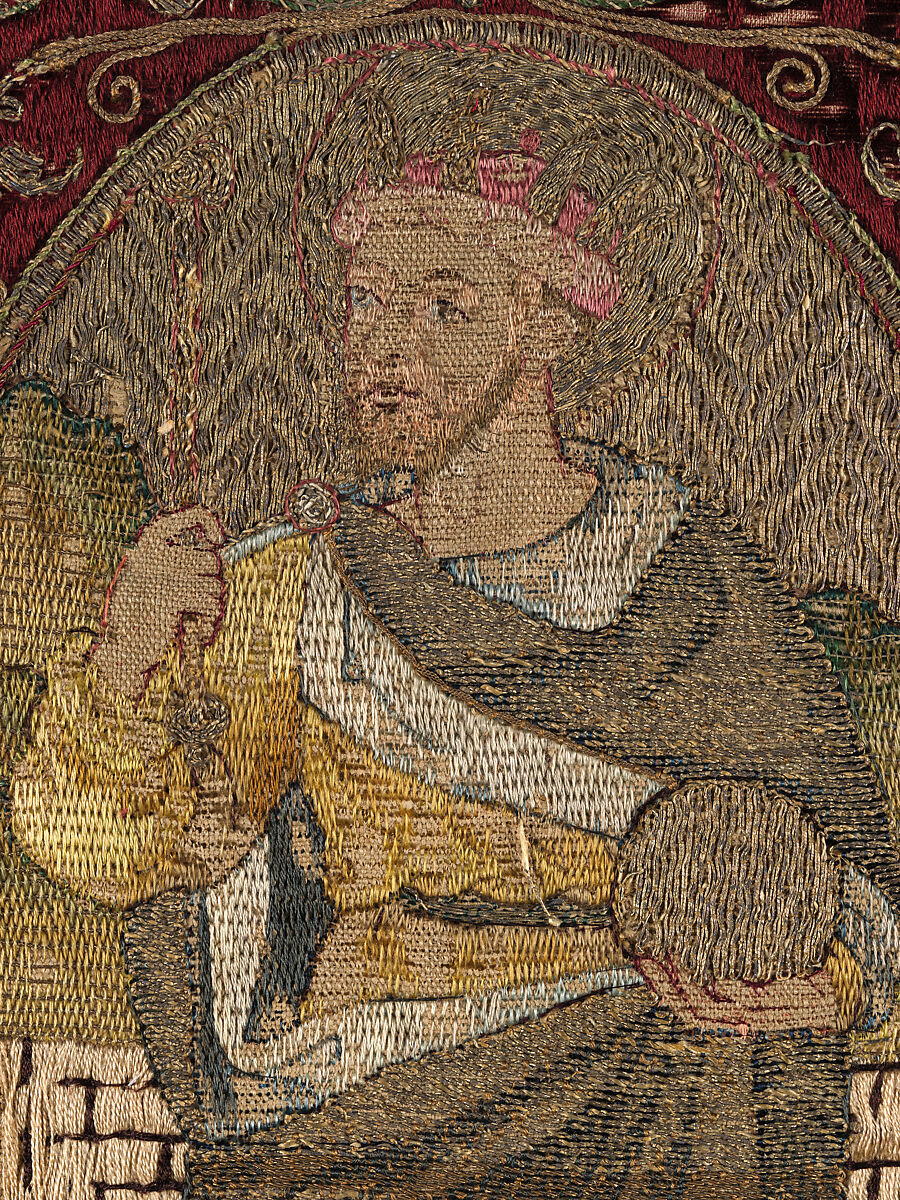 Orphrey  section made into cushion, silk, linen, metal, Italian or Spanish