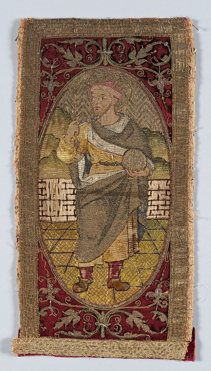 Orphrey  section made into cushion, silk, linen, metal, Italian or Spanish 