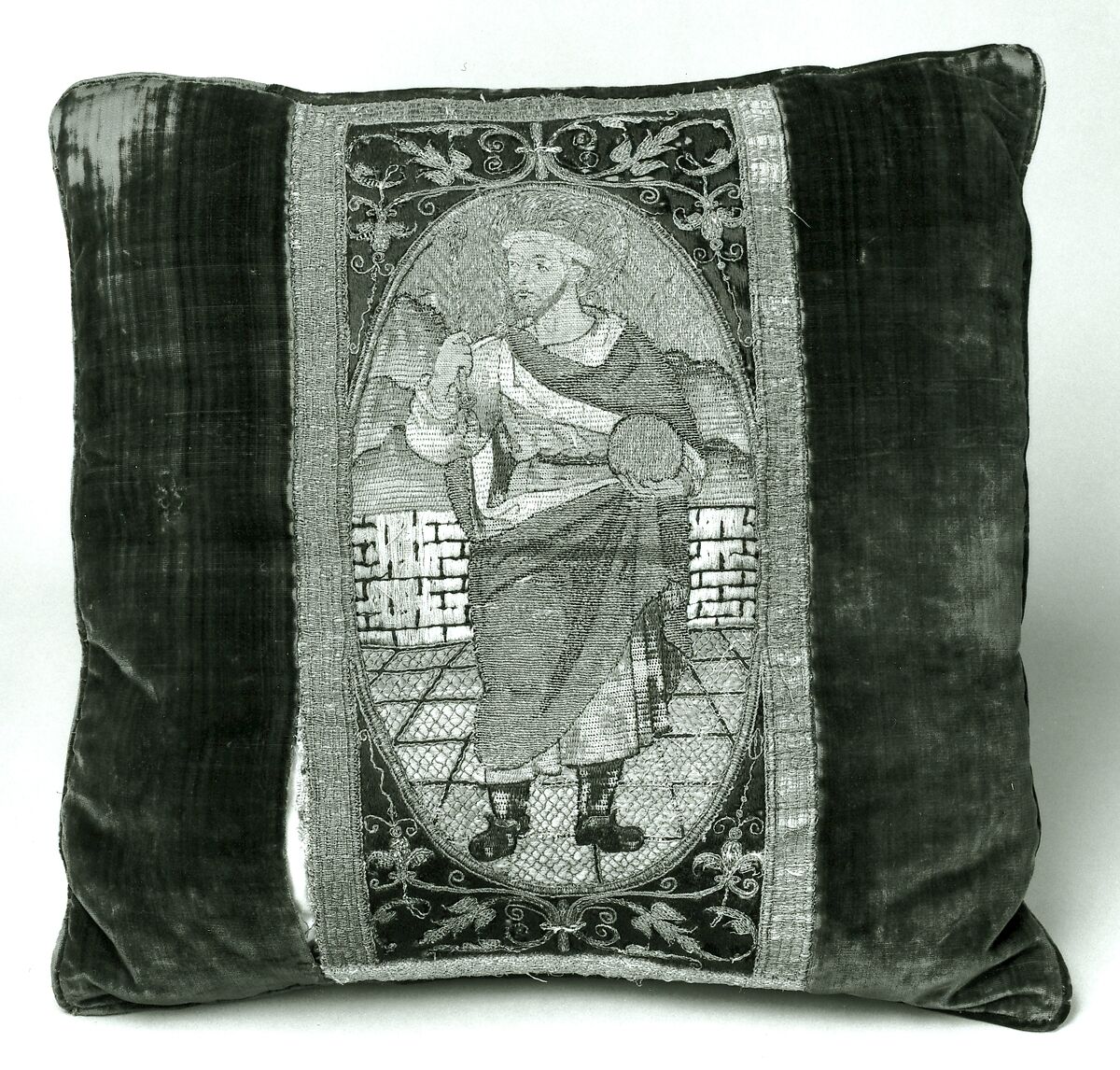 Orphrey  section made into cushion, silk, linen, metal, Italian or Spanish