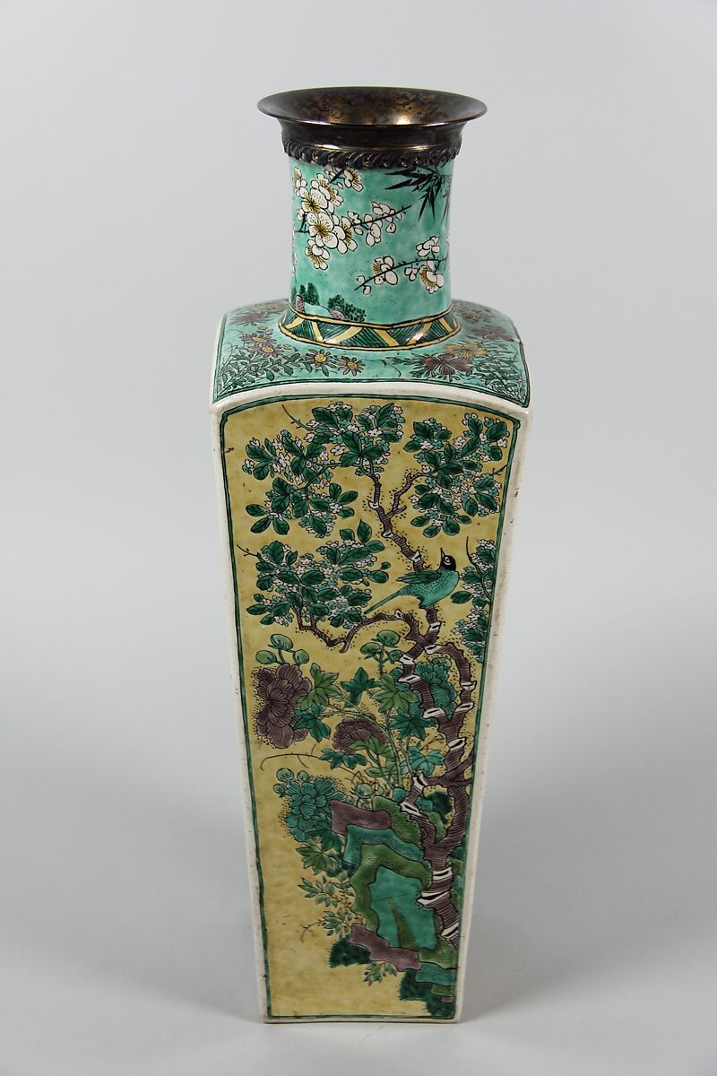 Square vase with scenes of four seasons, Porcelain painted in polychrome enamels over a yellow ground (Jingdezhen ware, famille jaune), silver mouth rim, China
