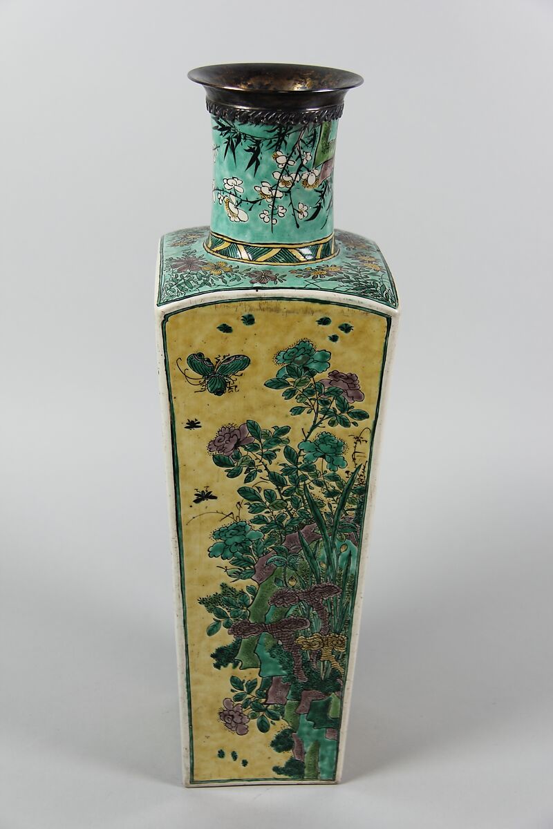Square vase with scenes of four seasons, Porcelain painted in polychrome enamels over a yellow ground (Jingdezhen ware, famille jaune), silver mouth rim, China