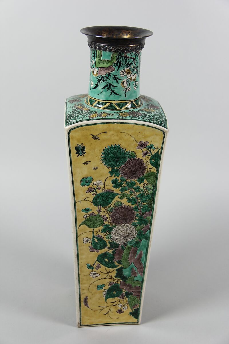 Square vase with scenes of four seasons, Porcelain painted in polychrome enamels over a yellow ground (Jingdezhen ware, famille jaune), silver mouth rim, China 