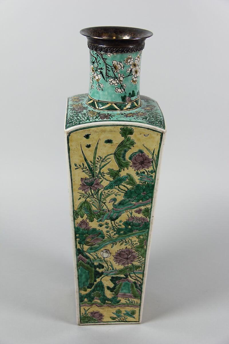 Square vase with scenes of four seasons, Porcelain painted in polychrome enamels over a yellow ground (Jingdezhen ware, famille jaune), silver mouth rim, China