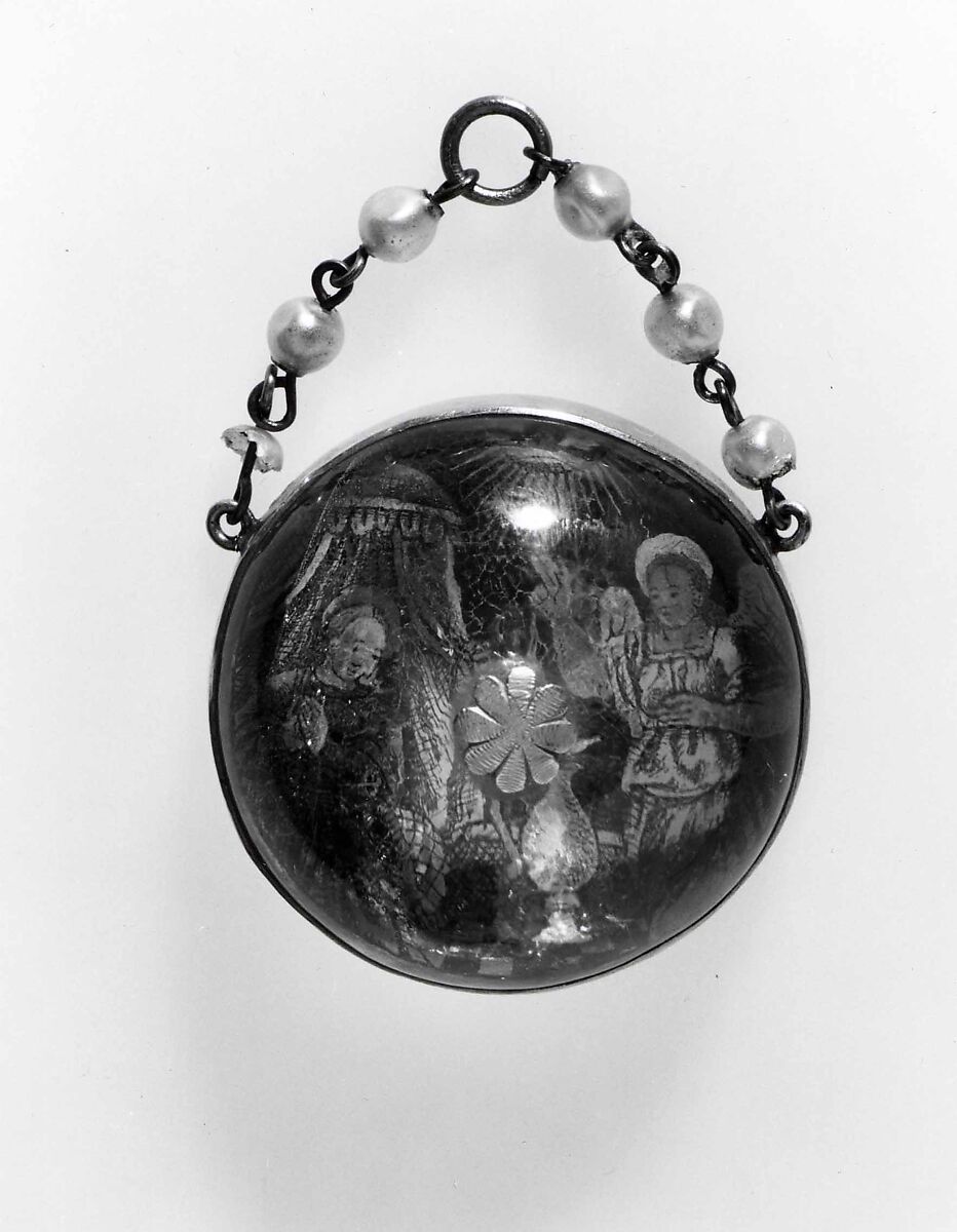 Devotional pendant, Cut and polished, reverse-painted, reverse-gilt, and reverse-silvered rock crystal; lampworked glass; gold. Assembled., Italian or Spanish