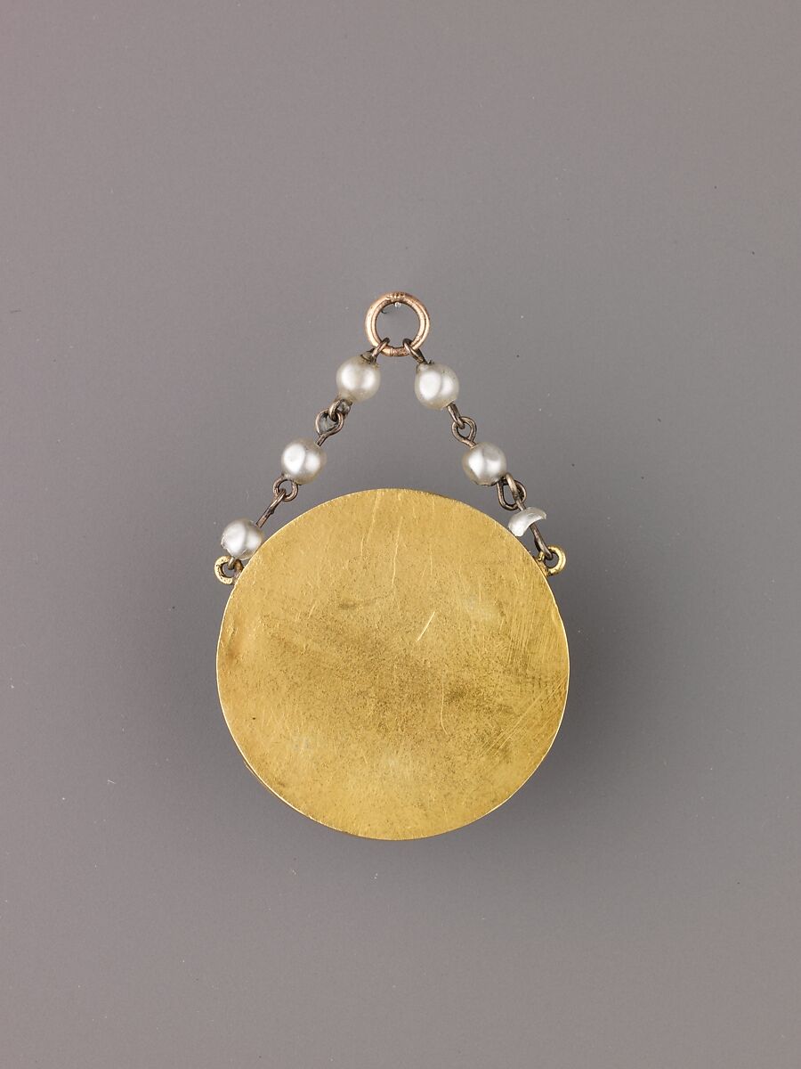 Devotional pendant, Cut and polished, reverse-painted, reverse-gilt, and reverse-silvered rock crystal; lampworked glass; gold. Assembled., Italian or Spanish