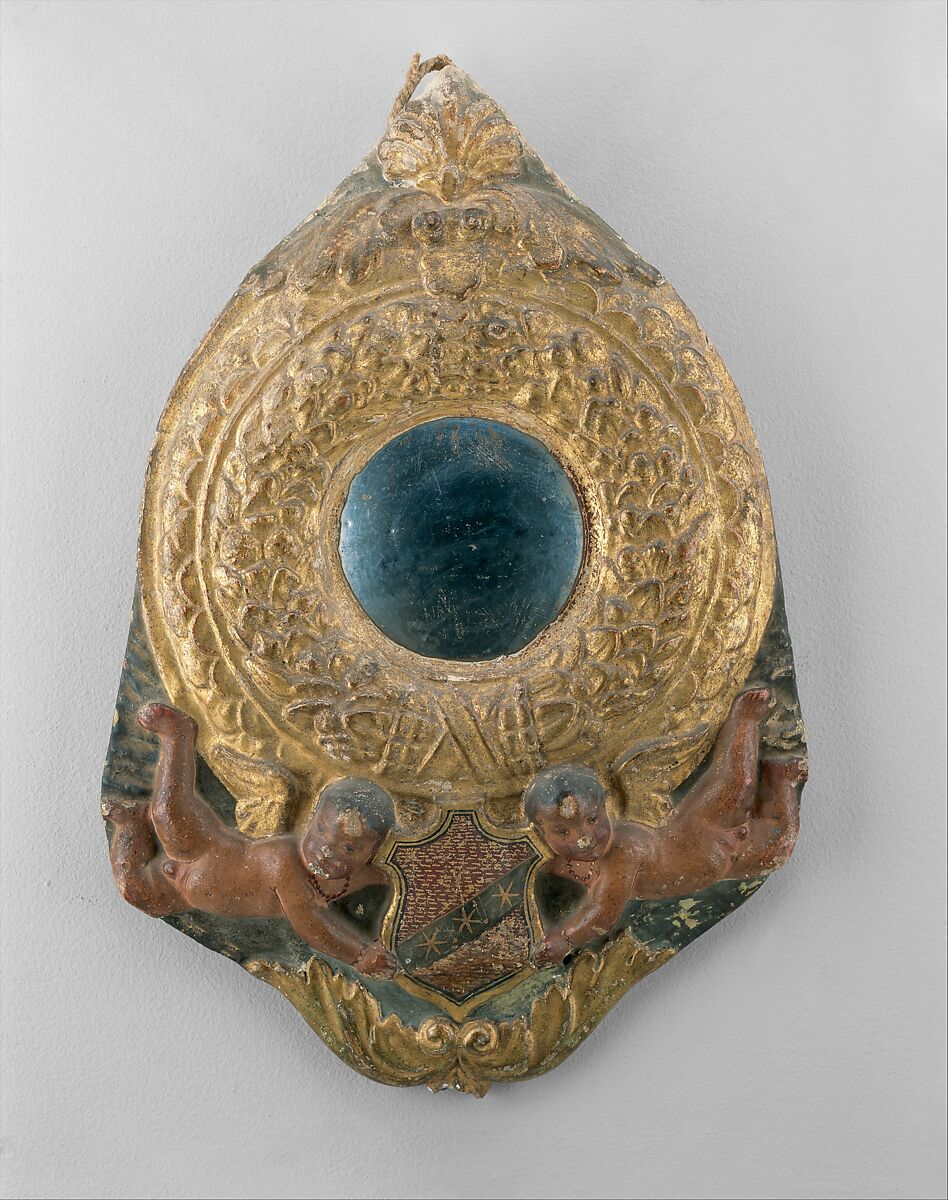 Tondo mirror frame, Possibly workshop of Benedetto da Maiano (Italian, Maiano 1442–1497 Florence), Stucco squeeze, blown convex mirror, gilt, orange-brown bole. 