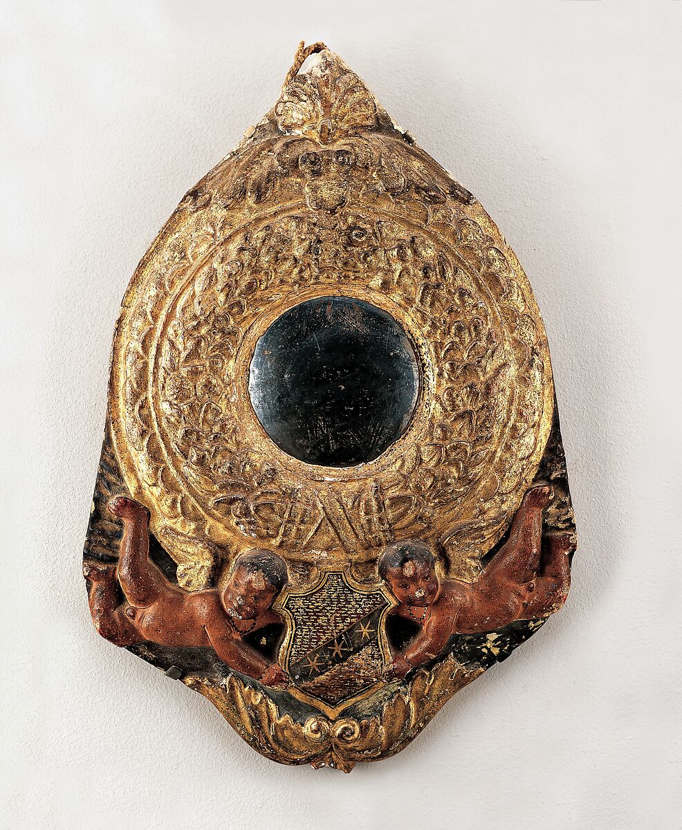 Tondo mirror frame, Possibly workshop of Benedetto da Maiano (Italian, Maiano 1442–1497 Florence), Stucco squeeze, blown convex mirror, gilt, orange-brown bole.