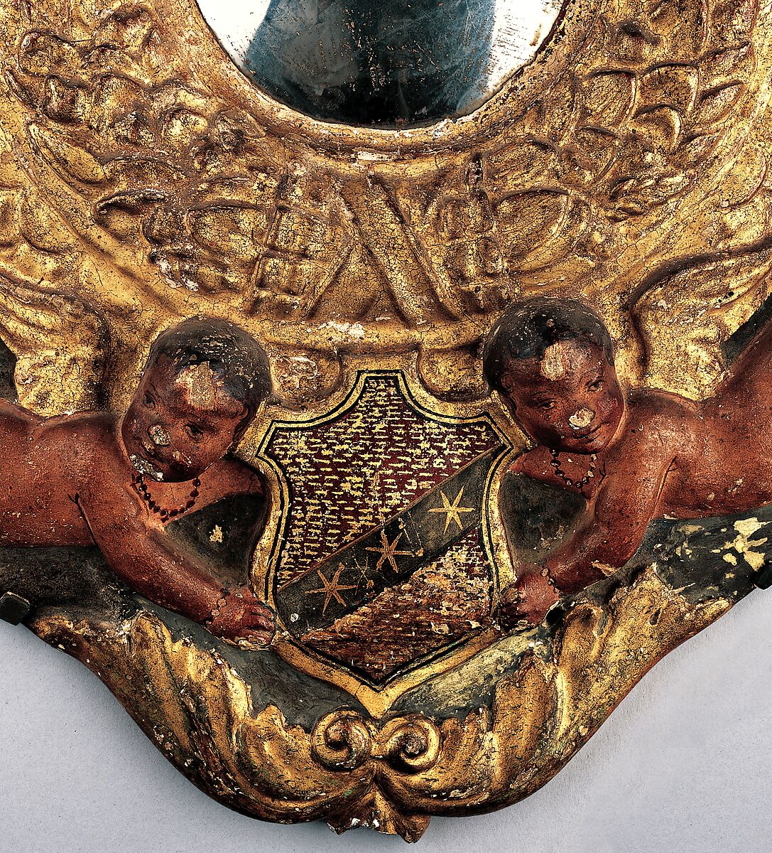 Tondo mirror frame, Possibly workshop of Benedetto da Maiano (Italian, Maiano 1442–1497 Florence), Stucco squeeze, blown convex mirror, gilt, orange-brown bole.