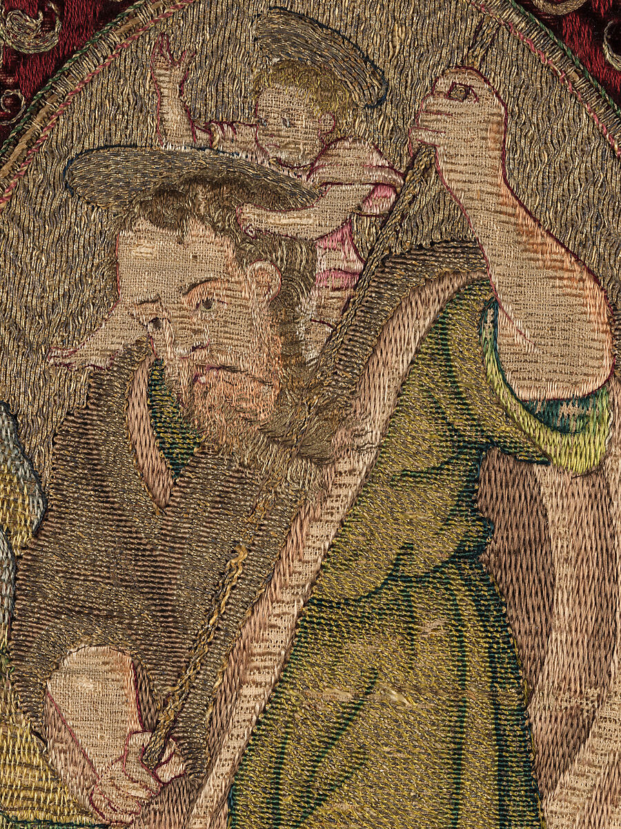 Orphrey section made into cushion, silk, linen, metal, Italian or Spanish