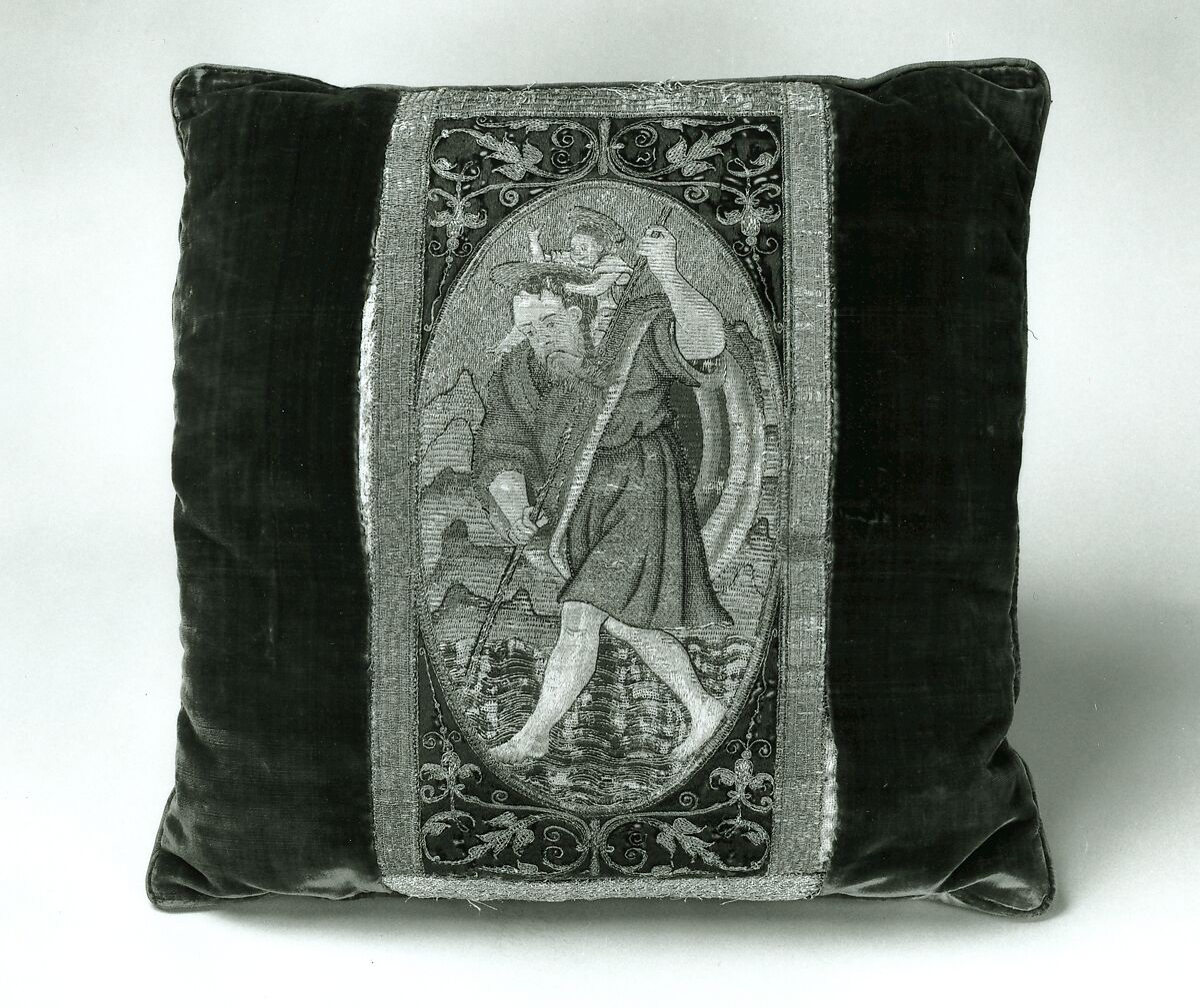 Orphrey section made into cushion, silk, linen, metal, Italian or Spanish 