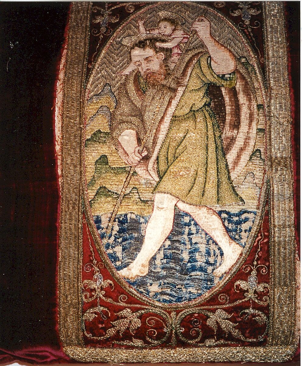 Orphrey section made into cushion, silk, linen, metal, Italian or Spanish