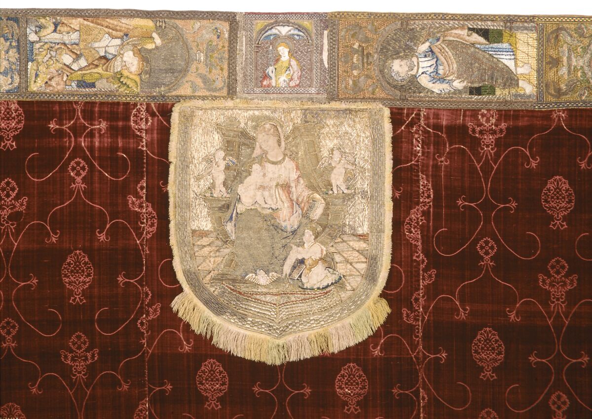 Cope with an Orphrey and a Hood, Cope-silk, 
Lining-linen, cotton weave
Orphrey- linen plain weave embroidered with silk, gilt-animal-substrate-wrapped linen and gilt-metal-strip-wrapped linen
Hood-linen plain weave appliquéd with linen plain weave and embroidered with silk and gilt-metal-strip-wrapped silk, Italian, Spanish, or German