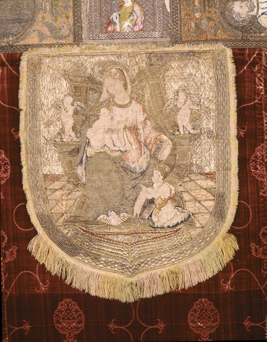 Cope with an Orphrey and a Hood, Cope-silk, 
Lining-linen, cotton weave
Orphrey- linen plain weave embroidered with silk, gilt-animal-substrate-wrapped linen and gilt-metal-strip-wrapped linen
Hood-linen plain weave appliquéd with linen plain weave and embroidered with silk and gilt-metal-strip-wrapped silk, Italian, Spanish, or German