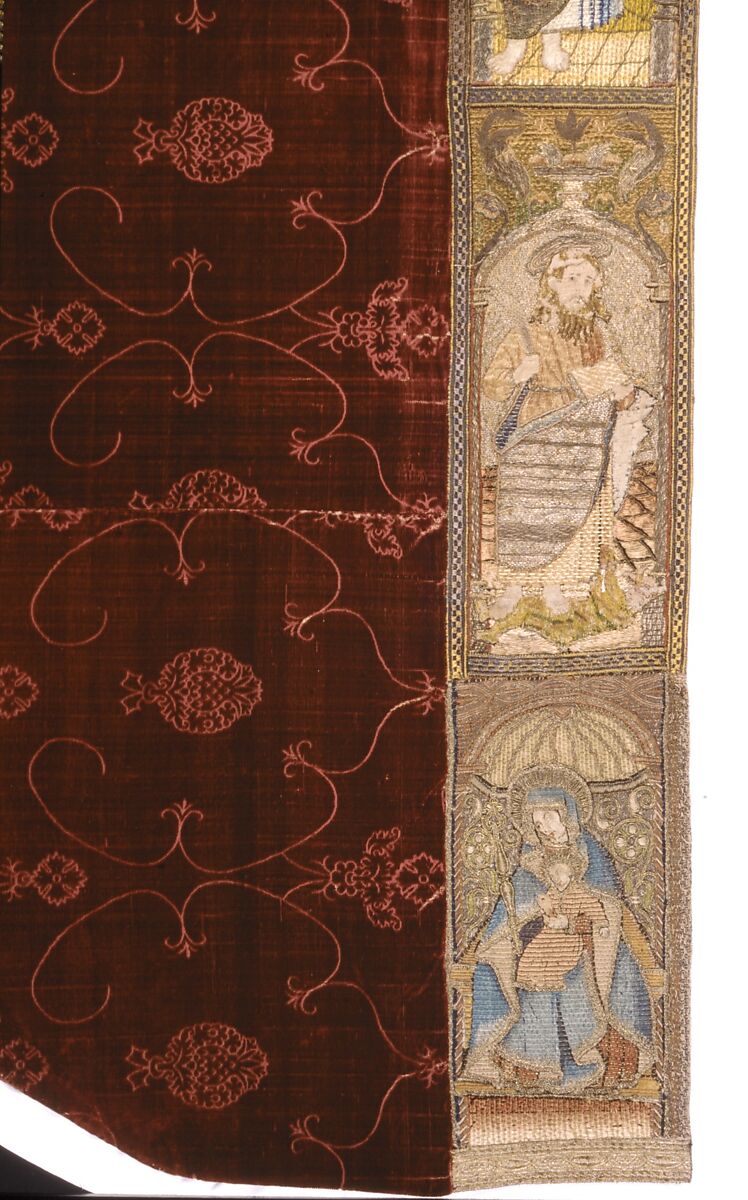 Cope with an Orphrey and a Hood, Cope-silk, 
Lining-linen, cotton weave
Orphrey- linen plain weave embroidered with silk, gilt-animal-substrate-wrapped linen and gilt-metal-strip-wrapped linen
Hood-linen plain weave appliquéd with linen plain weave and embroidered with silk and gilt-metal-strip-wrapped silk, Italian, Spanish, or German
