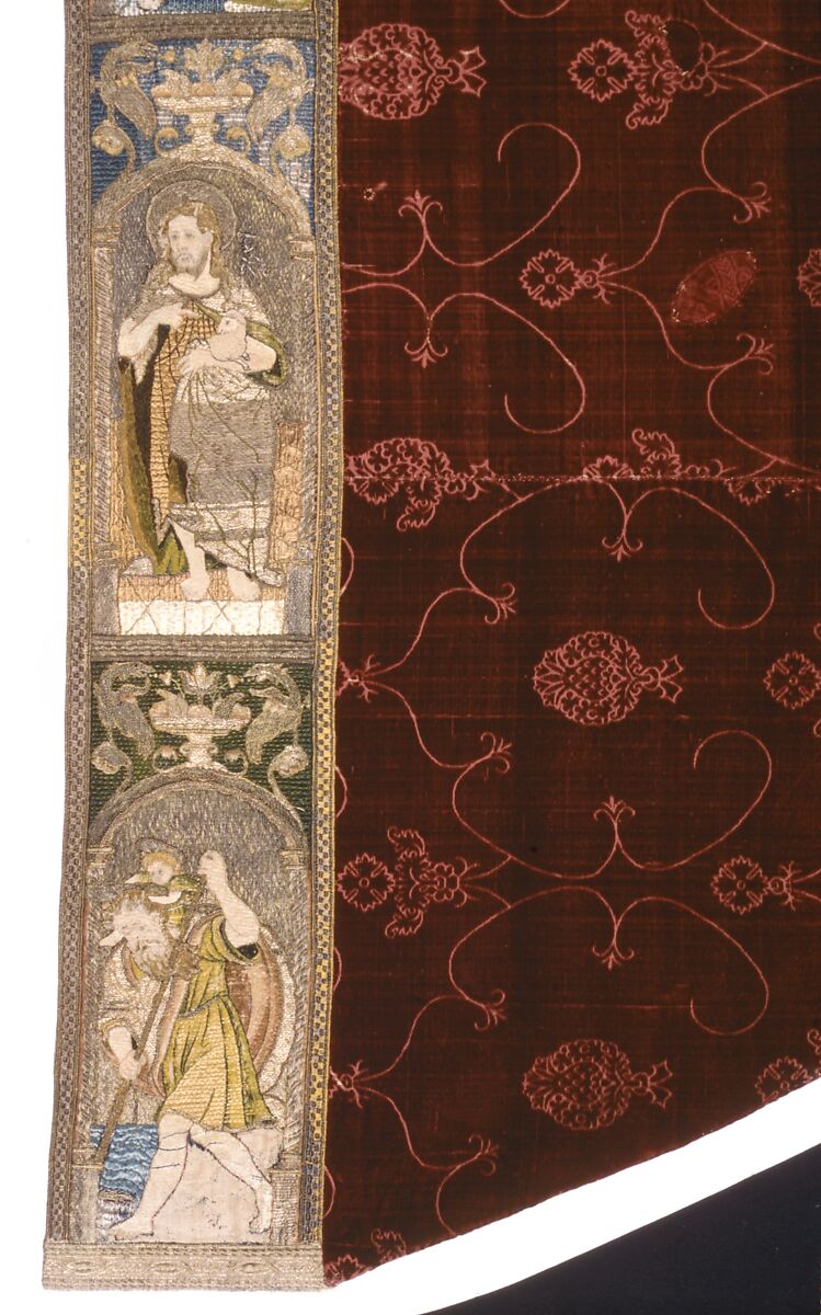 Cope with an Orphrey and a Hood, Cope-silk, 
Lining-linen, cotton weave
Orphrey- linen plain weave embroidered with silk, gilt-animal-substrate-wrapped linen and gilt-metal-strip-wrapped linen
Hood-linen plain weave appliquéd with linen plain weave and embroidered with silk and gilt-metal-strip-wrapped silk, Italian, Spanish, or German