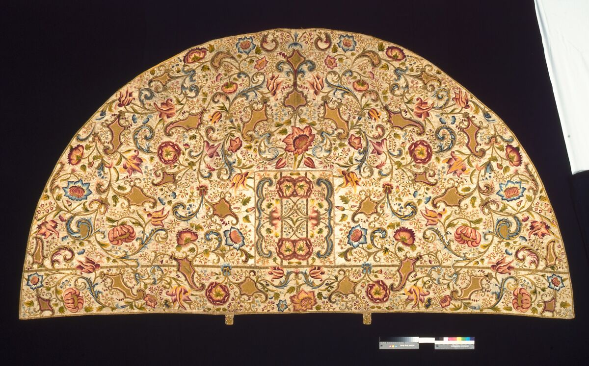 Cope with a Hood, Silk, satin weave; underlaid with linen, plain weave; embroidered with  silk and gilt-metal-strip-wrapped silk in satin, split, and stem  stitches; laid work and padded couching; lined with silk, plain weave;  watered (moir‚)., Italian 