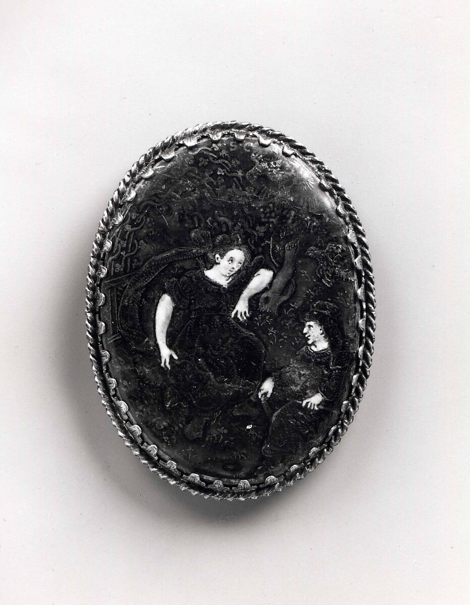 Watchcase cover: Pomona and Vertumnus, Suzanne de Court (French, active 1575–1625), Painted enamel, partly gilt on copper; mounted on brass; silver-gilt frame.