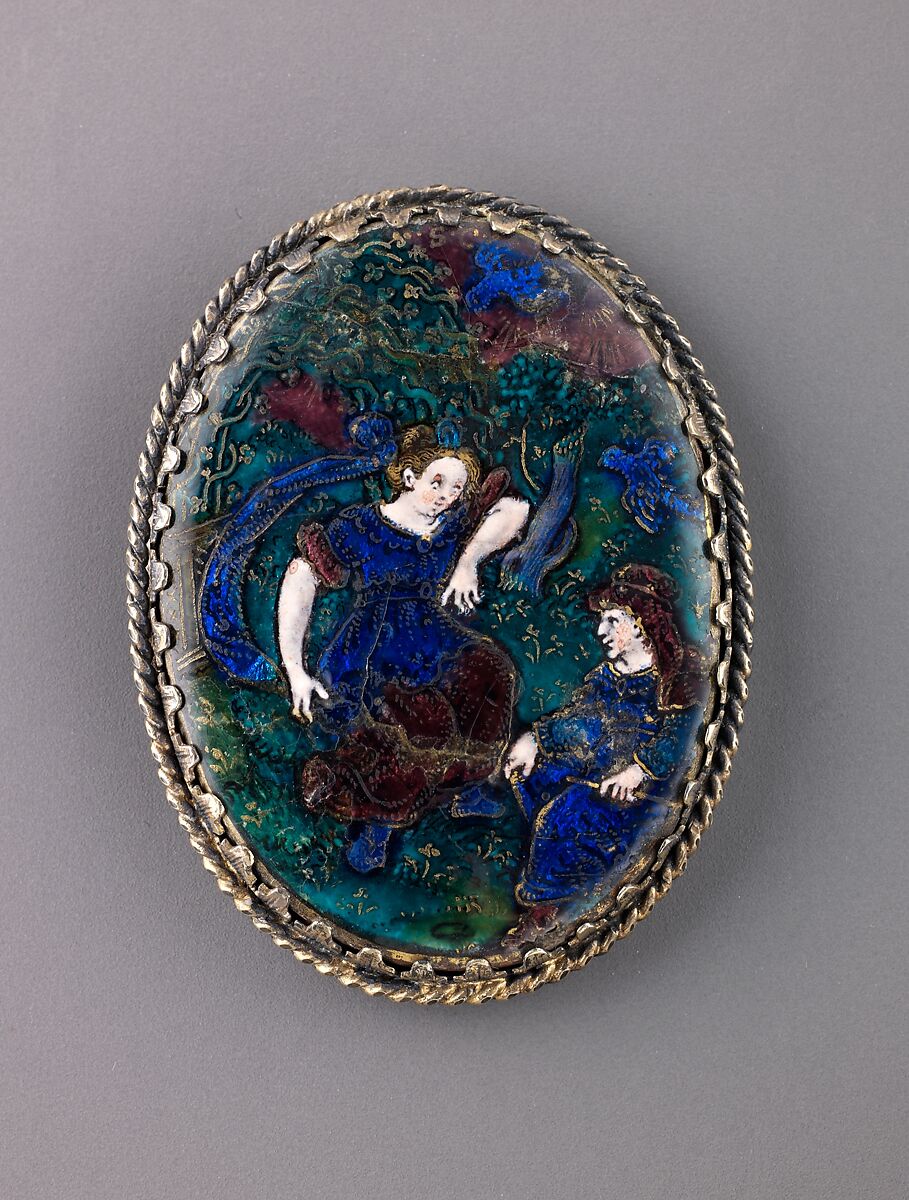 Watchcase cover: Pomona and Vertumnus, Suzanne de Court (French, active 1575–1625), Painted enamel, partly gilt on copper; mounted on brass; silver-gilt frame. 