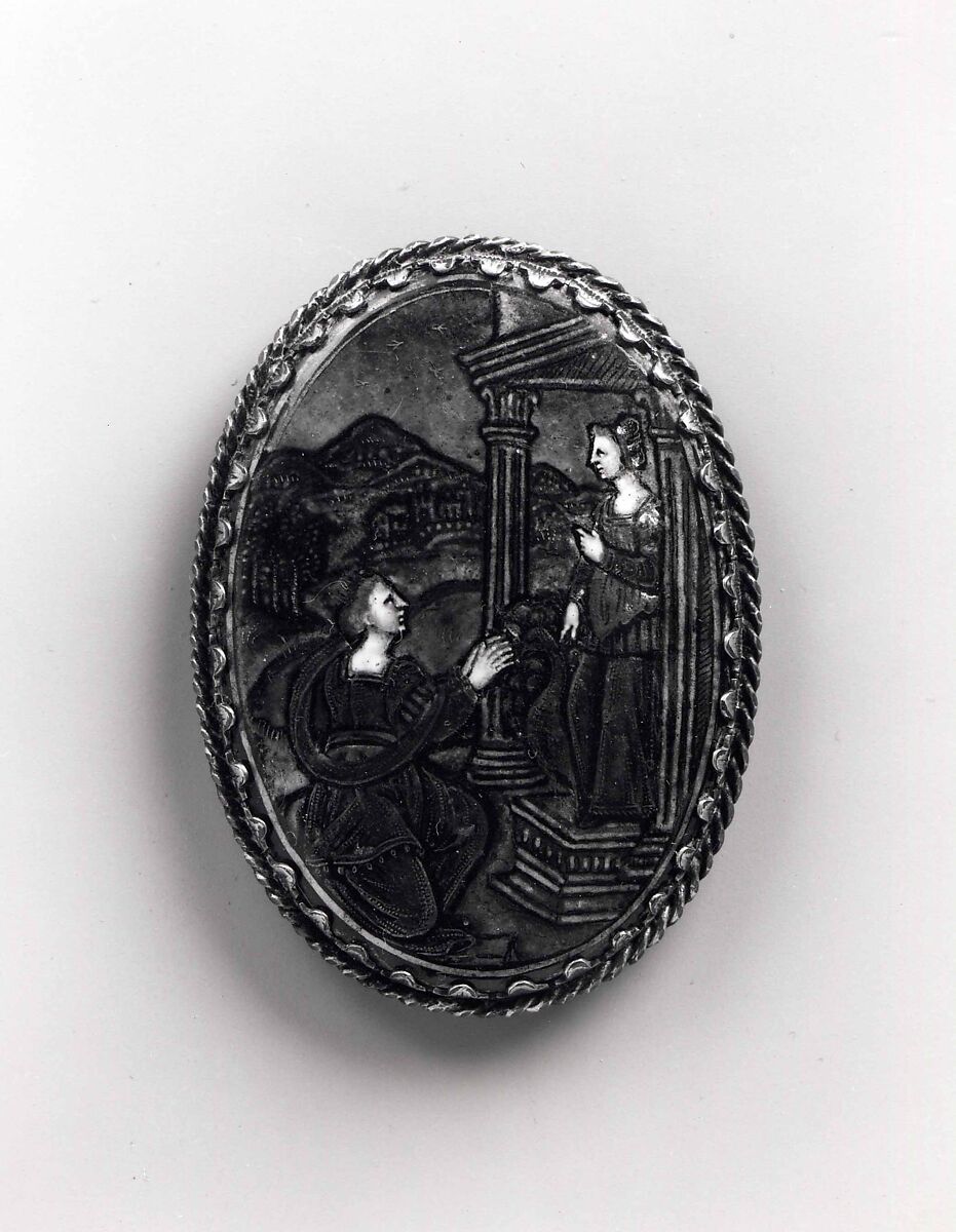 Watchcase cover: Alcyone Praying to Juno, Jean II Reymond (French, Limoges, doc. 1606–ca. 1631), Painted enamel, partly gilt, on copper; mounted on brass; silver gilt frame.