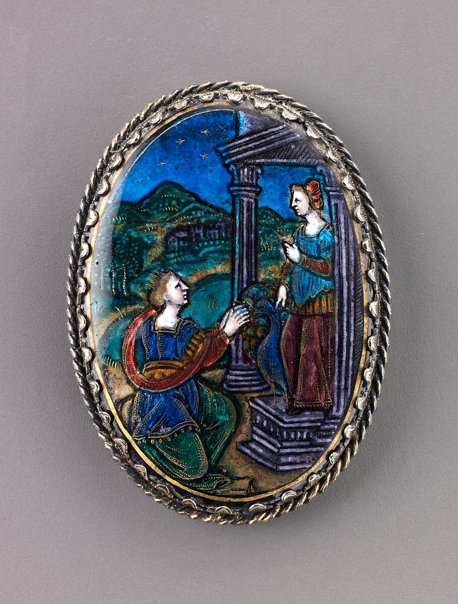 Watchcase cover: Alcyone Praying to Juno, Jean II Reymond (French, Limoges, doc. 1606–ca. 1631), Painted enamel, partly gilt, on copper; mounted on brass; silver gilt frame. 