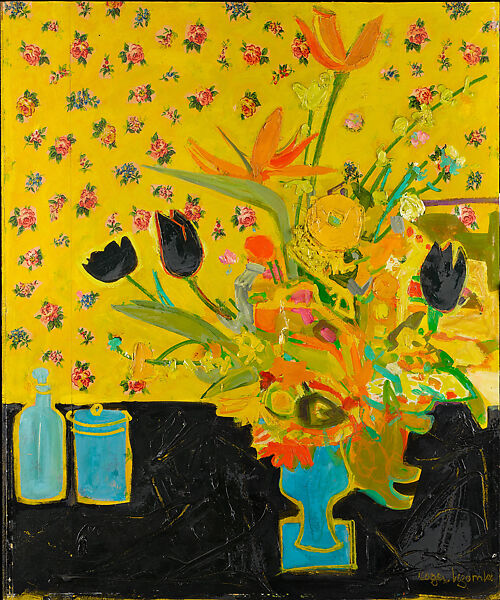 Vase with Flowers (Strelitzia), Roger Bezombes (French, Paris 1913–1994 Paris), Oil and papier collé, on board, French 