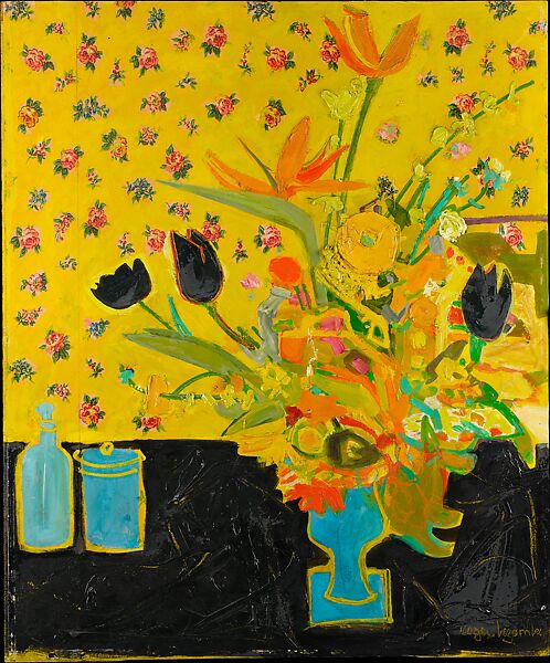 Vase with Flowers (Strelitzia), Roger Bezombes (French, Paris 1913–1994 Paris), Oil and papier collé, on board, French