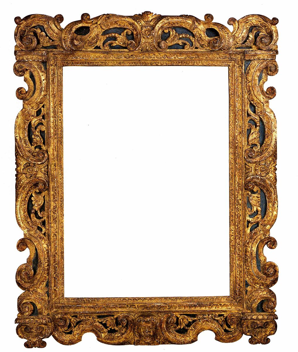 Sansovino-style frame, Pine back frame with lime upper moldings. Gilt; dark red-brown bole, blue background., Venetian 