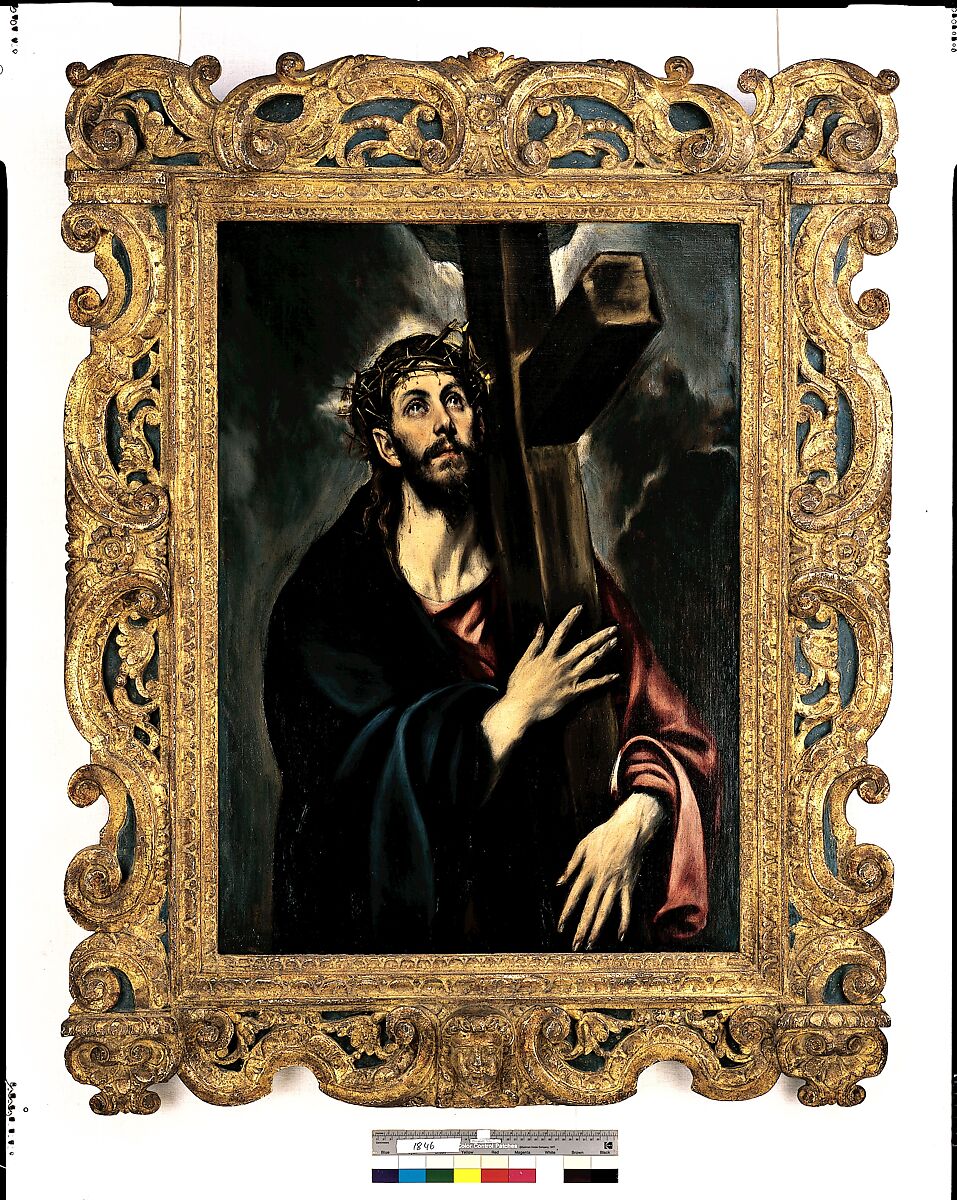 Sansovino-style frame, Pine back frame with lime upper moldings. Gilt; dark red-brown bole, blue background., Venetian