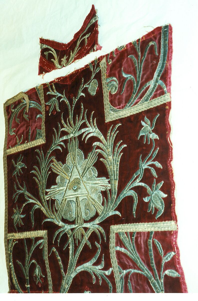 A: Fragments of a chasuble, silk; metal; linen, Italian 