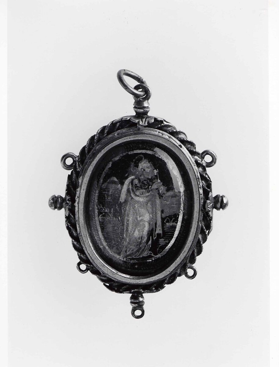 Devotional pendant, Cut and polished reversed-painted and reverse-gilt rock crystal; silver gilt. Assembled., probably Spanish