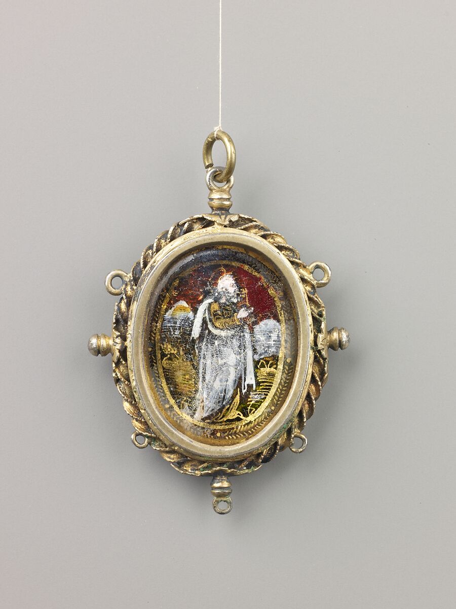 Devotional pendant, Cut and polished reversed-painted and reverse-gilt rock crystal; silver gilt. Assembled., probably Spanish 