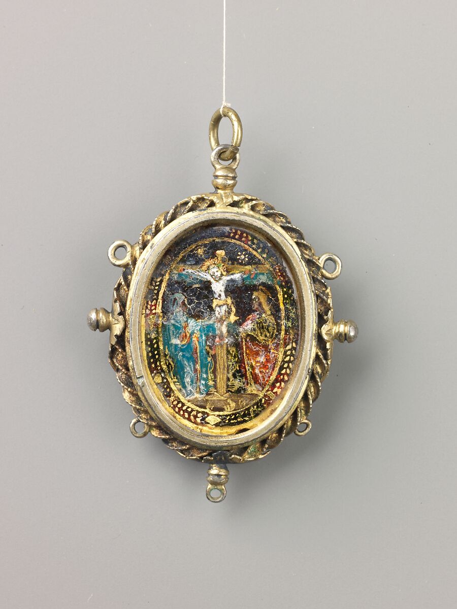 Devotional pendant, Cut and polished reversed-painted and reverse-gilt rock crystal; silver gilt. Assembled., probably Spanish