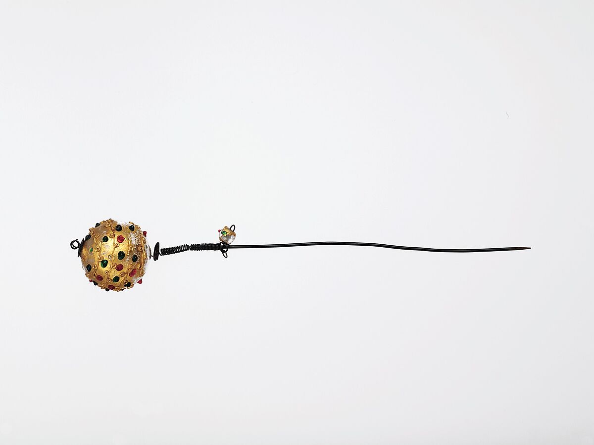 Hairpin, Lamp-worked colorless glass, gilt, wth clear trailed decoration and green and red "jewels," and copper wire., probably Italian (Venice); possibly Innsbruck