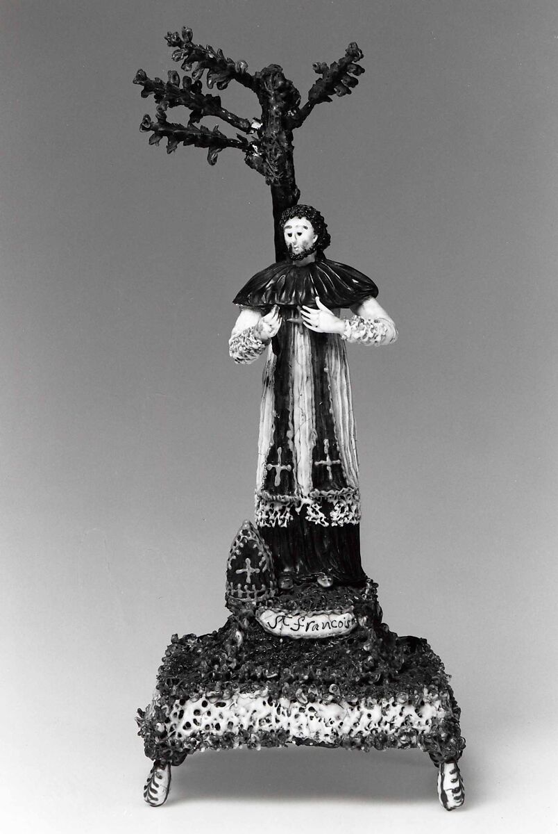 Saint Francis de Sales, possibly Haly workshop (French, 18th century), Opaque white, dark amethyst ("black"), pink, brown, dark brown, black, yellow-orange, light blue, dark blue-green, green, dark green, olive  green, and waxlike colorless glass; copper and iron wire. Lampworked., probably French (Nevers)