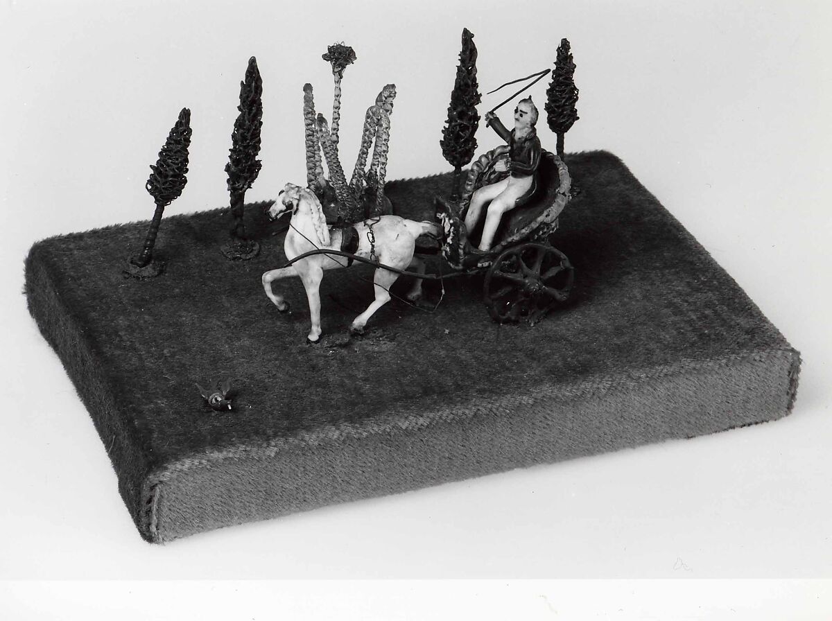 Cabriolet with Driver, Figure, horse, and cabriolet of lampworked glass (opaque white, yellow, yellow-orange, green, dark green, blue, light blue, dark blue, brown, dark brown, transparent amber, and colorless), composition material, iron wire, wood, fabric. Assembled., probably French, possibly British 