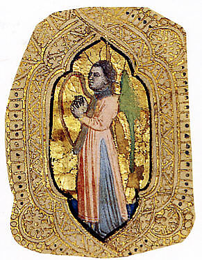 Angel with Harp, Cristoforo Cortese  Italian, Tempera and gold on parchment, the gold filigree decoration applied on brownish gray bole.