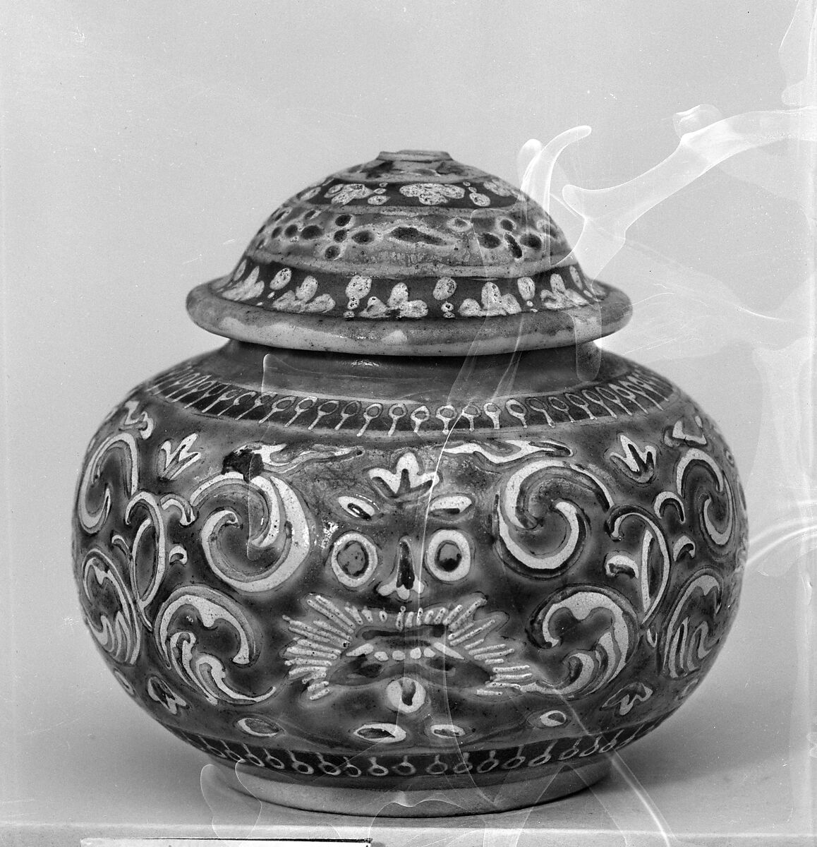 Covered jar with animal masks, Porcelain painted in overglaze polychrome enamels (Bencharong ware for Thai market ), China 