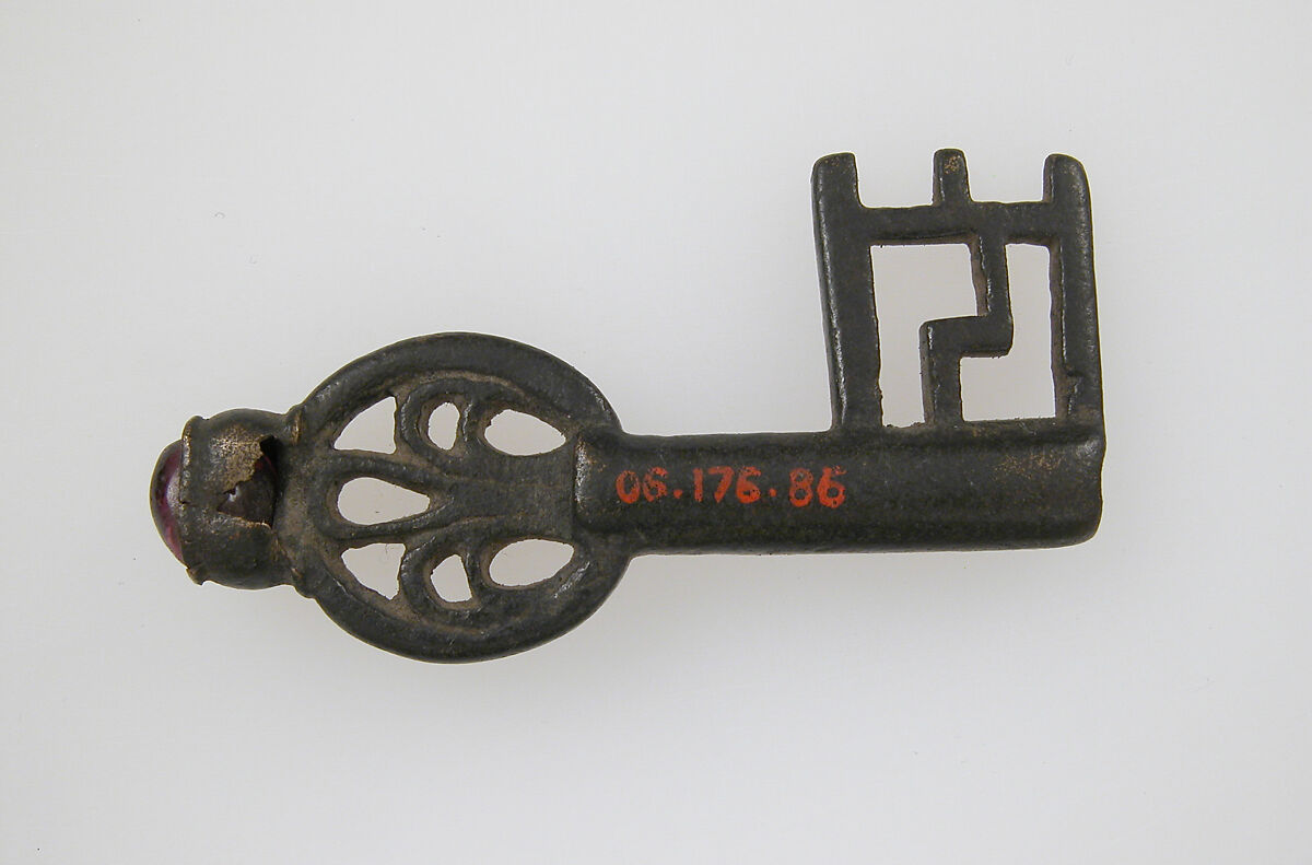 Key, Copper alloy, cabochon amethyst, French (?)