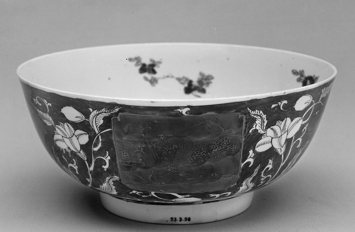 Bowl with landscape over a floral ground, Porcelain painted in overglaze polychrome enamel and gilt (Jingdezhen ware), China 