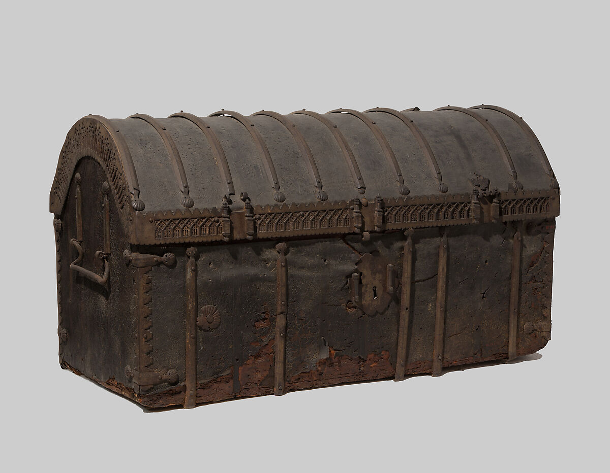 Coffer, Leather (tooled), metal mounts and wood core, Spanish