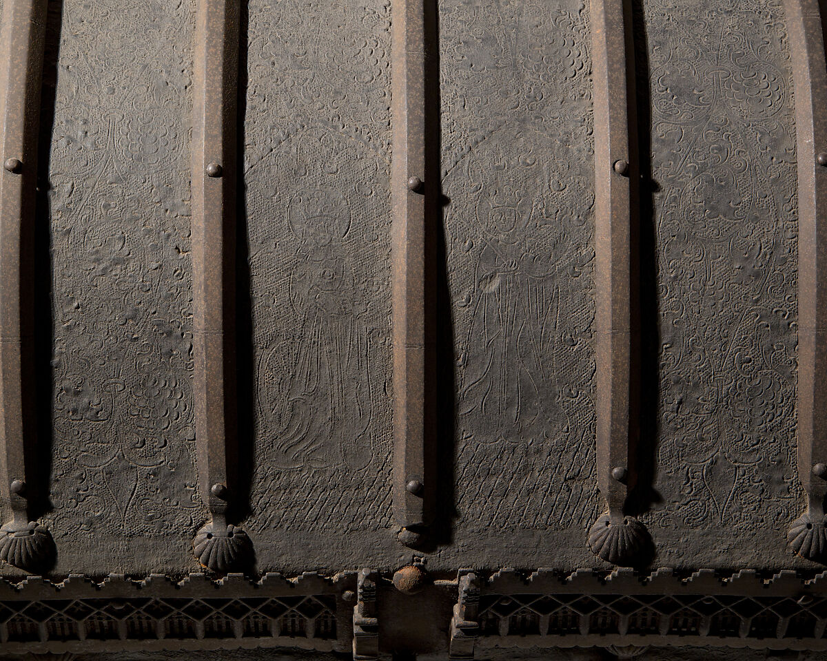 Coffer, Leather (tooled), metal mounts and wood core, Spanish