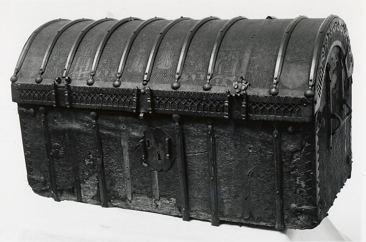 Coffer, Leather (tooled), metal mounts and wood core, Spanish