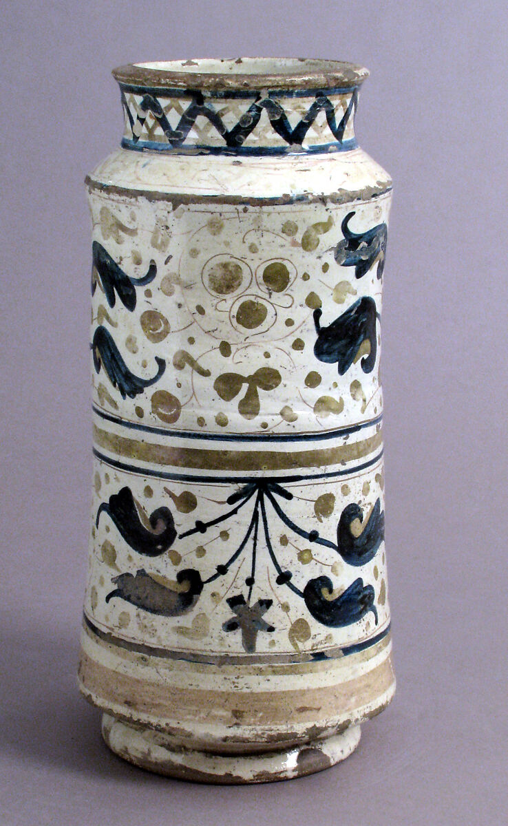 Pharmacy Jar, Tin-glazed earthenware, Spanish