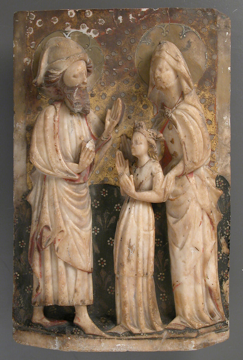 Virgin, Saint Anne & Saint Joachim, Alabaster with paint and gilding, British 