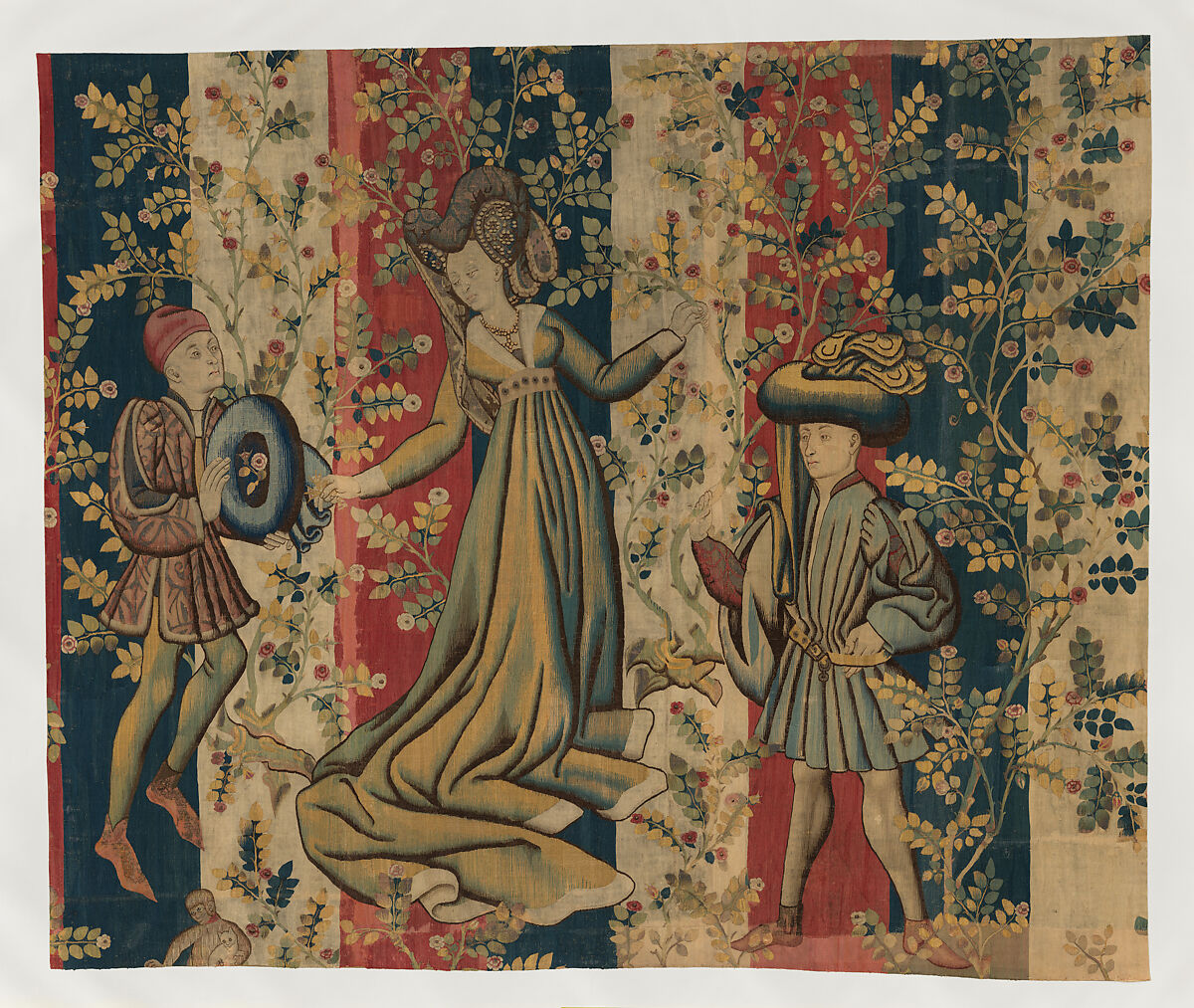 Courtiers in a Rose Garden: A Lady and Two Gentlemen, Wool warp; wool, silk, metallic weft yarns, South Netherlandish